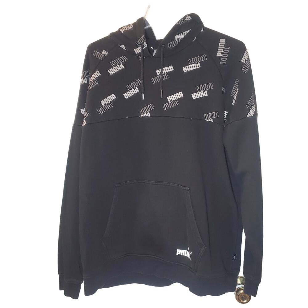 Puma Power AOP Logo Print Black Long Sleeve Pullover Hoodie Size XL